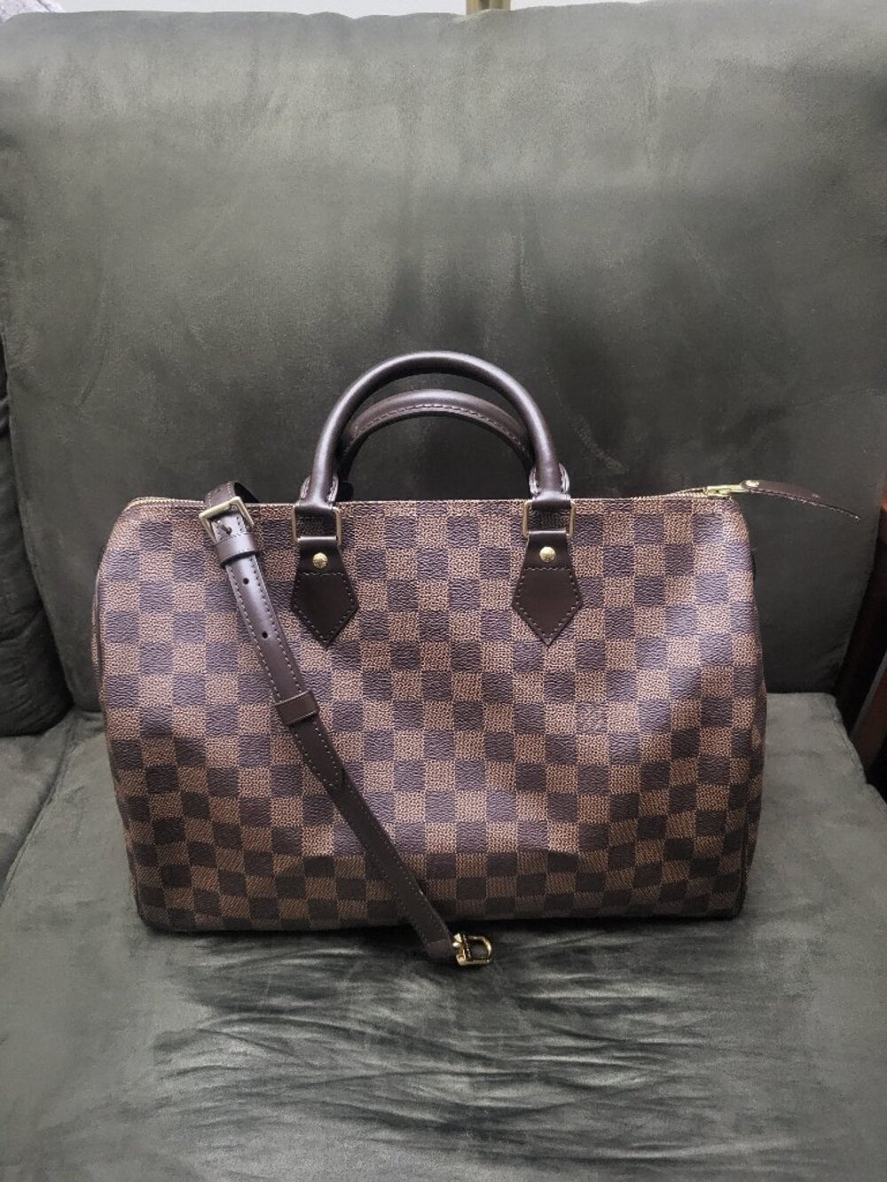 NEVER USED Louis Vuitton Speedy Duffle 35 Brown Canvas Damier Ebene w/ strap